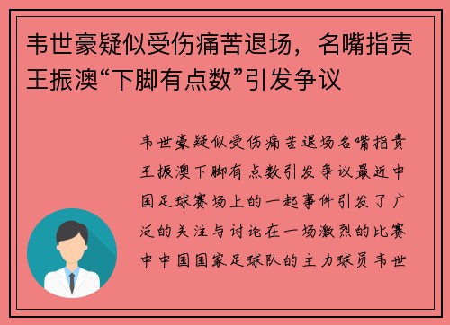 韦世豪疑似受伤痛苦退场，名嘴指责王振澳“下脚有点数”引发争议