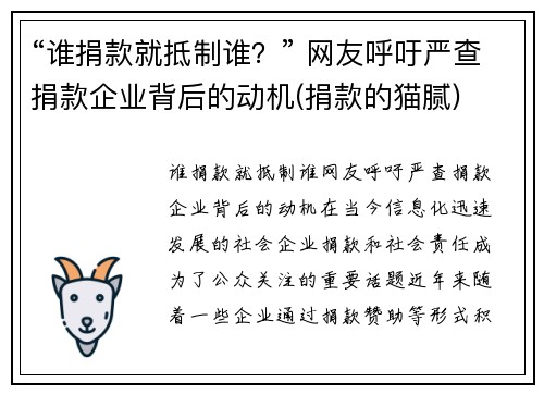 “谁捐款就抵制谁？” 网友呼吁严查捐款企业背后的动机(捐款的猫腻)