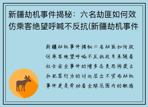 新疆劫机事件揭秘：六名劫匪如何效仿乘客绝望呼喊不反抗(新疆劫机事件中受表彰)