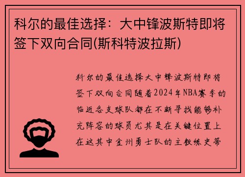 科尔的最佳选择：大中锋波斯特即将签下双向合同(斯科特波拉斯)