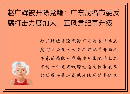 赵广辉被开除党籍：广东茂名市委反腐打击力度加大，正风肃纪再升级